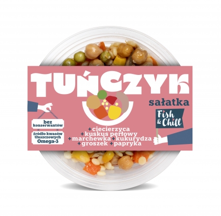 Tuńczyk sałatka z ciecierzycą, kuskusem perłowym, marchewką